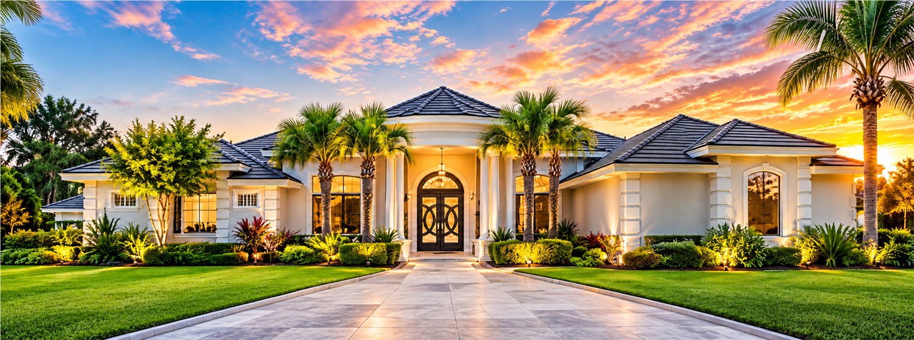 Campbell Paint exterior house repaint in Palm Coast Freshly repainted luxury exterior home in Palm Coast, Florida at sunset